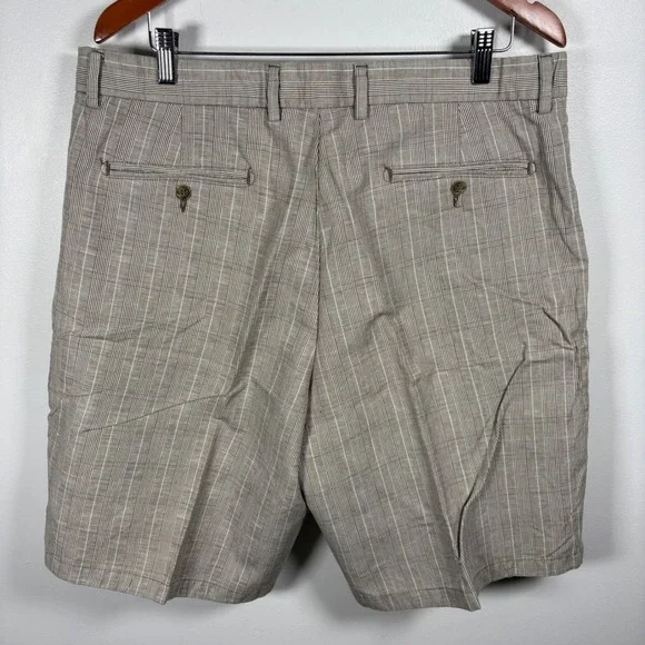 Tasso Elba Mens Plaid Shorts Tan White Cotton Linen Blend Size 36 Flat Front - Picture 1 of 4